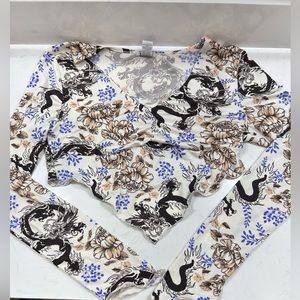 Silky very cropped dragon and flower shirt